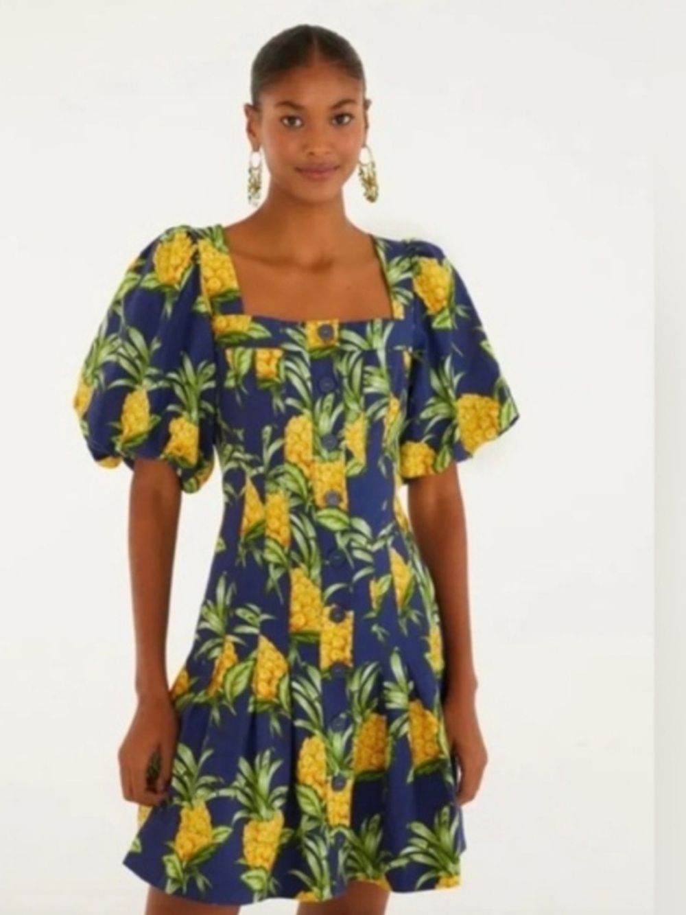 Farm Rio Pineapple Print Linen Blend Dress In Navy Small NWOT